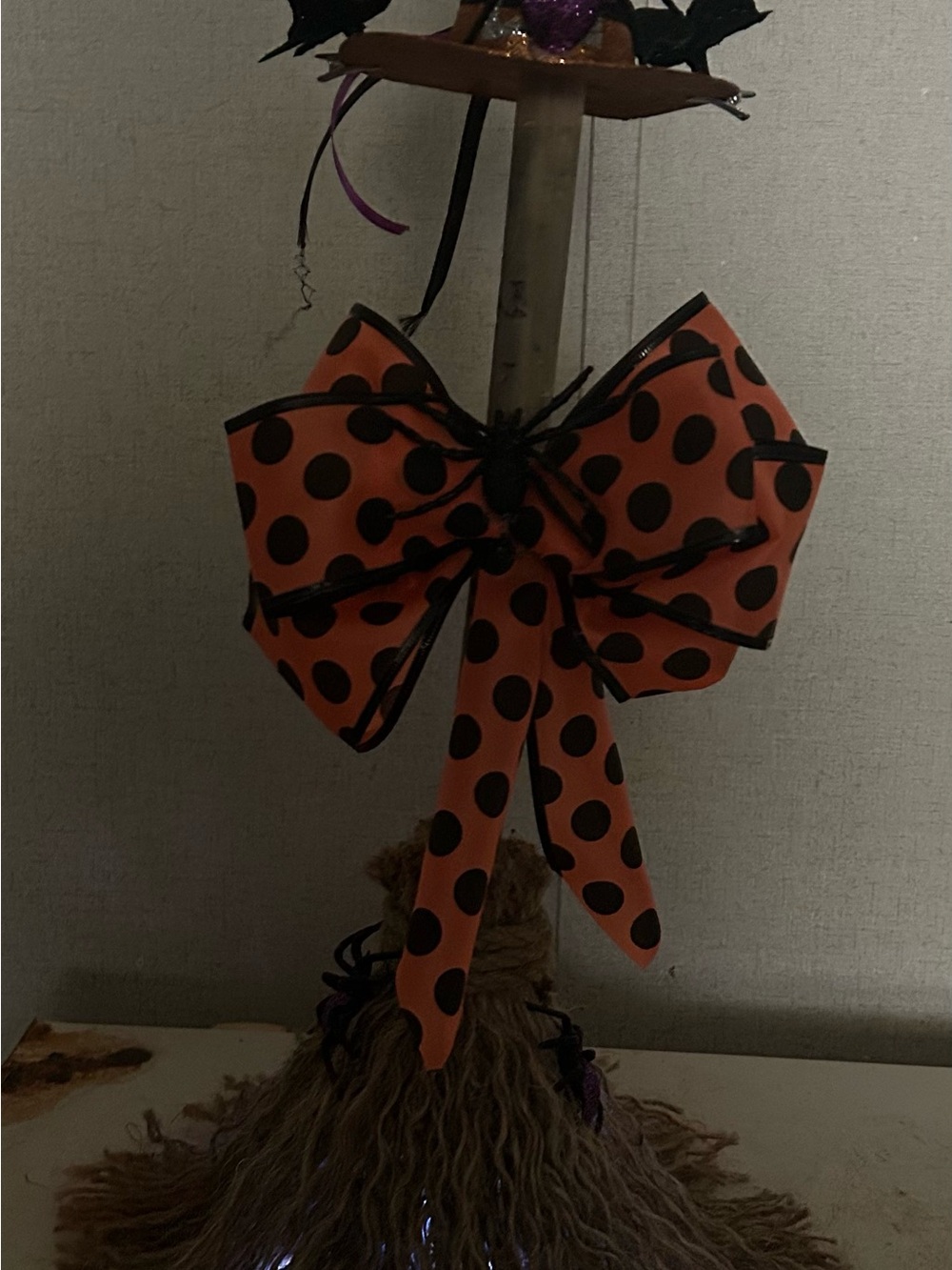 hand crafted witches broom with orange and black polka dot